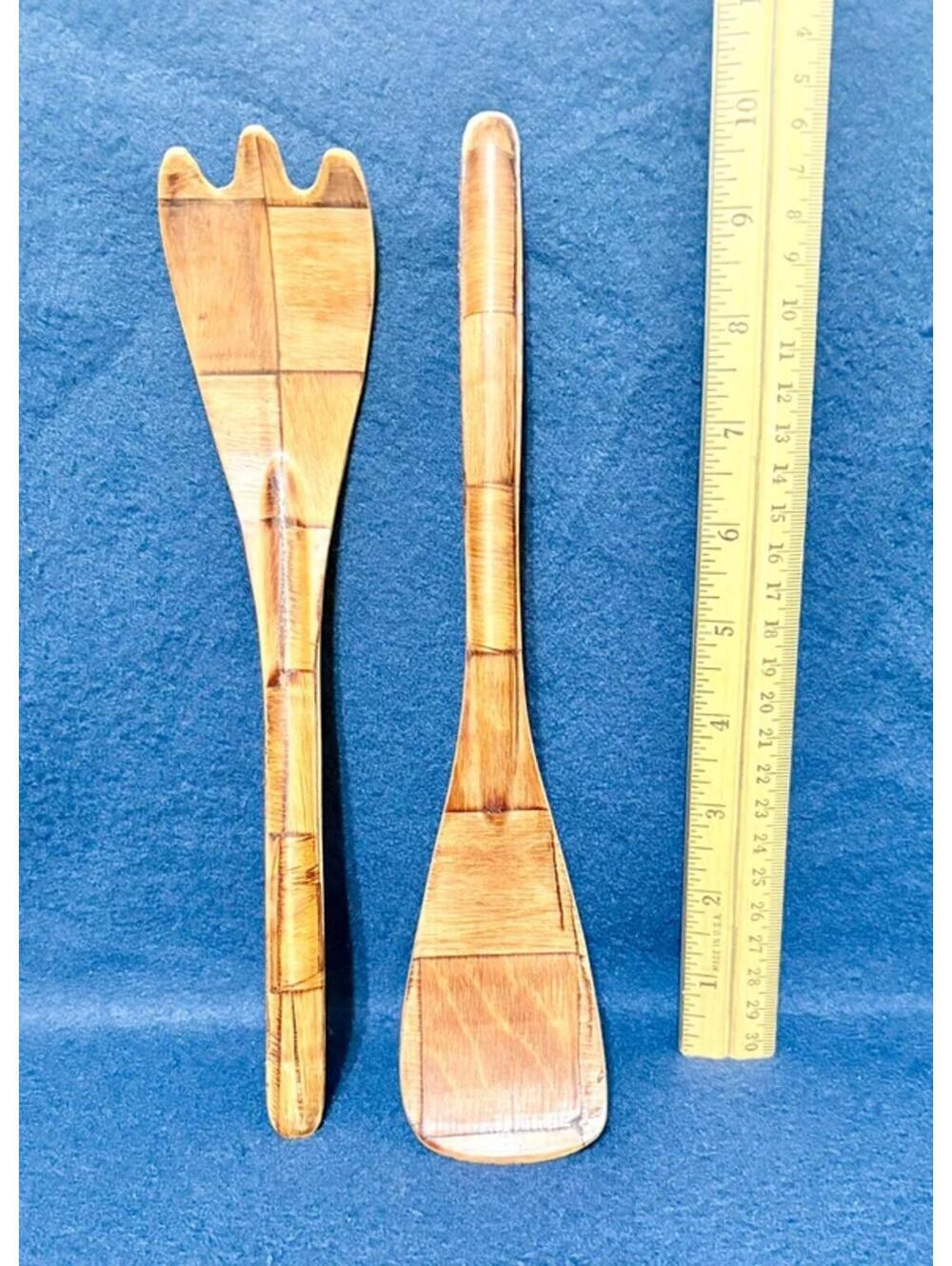 Vintage Salad Server Solid Teak Wood Patch Pattern 10” MCM